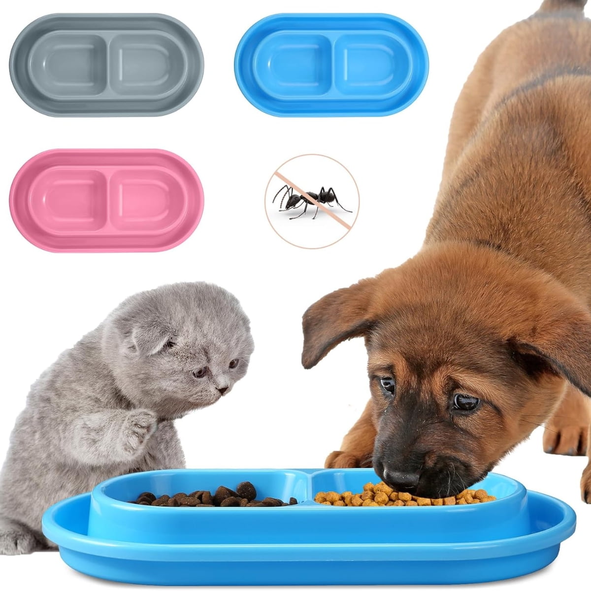 Cat Bowls for Food and Water Easy to Clean Ants Away Outside Pet Double Bow Large Blue