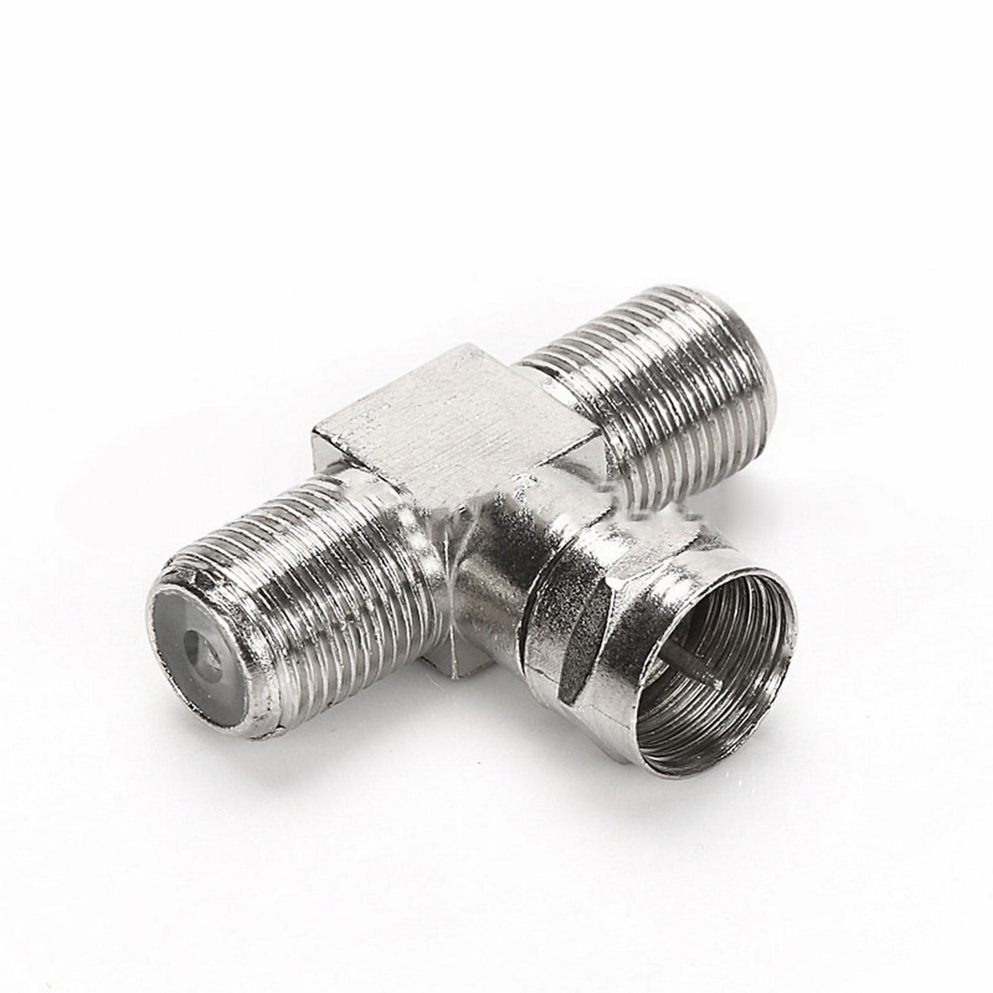 Cable Tv Connector F Tee Head One Two Female Inch Cable Is Connected To The Connector Silver