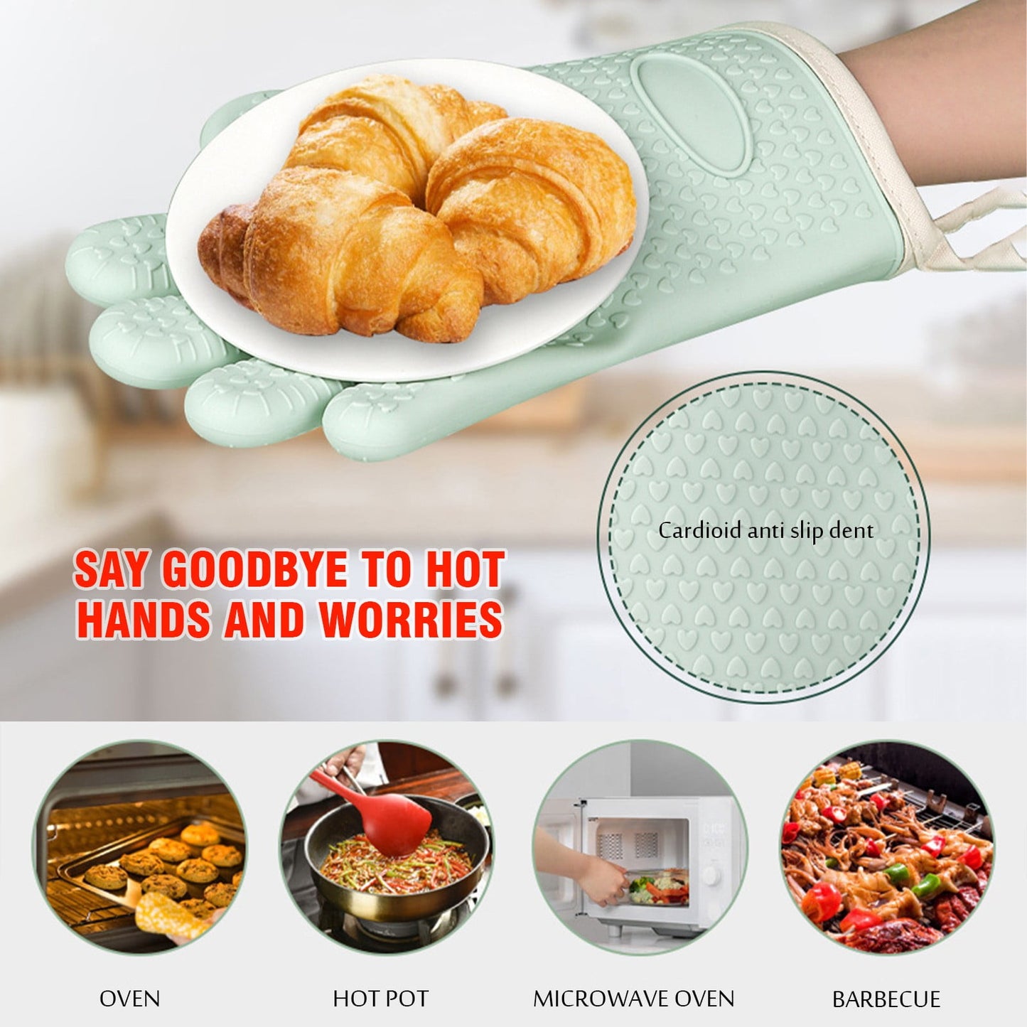 JWDX Silicone Smoker Oven Gloves -Extreme Heat Resistant Bbq Gloves -Handle Hot Food Right on Your Grill Fryer Pit|Waterproof Oven Mitts Z3-Mint Green