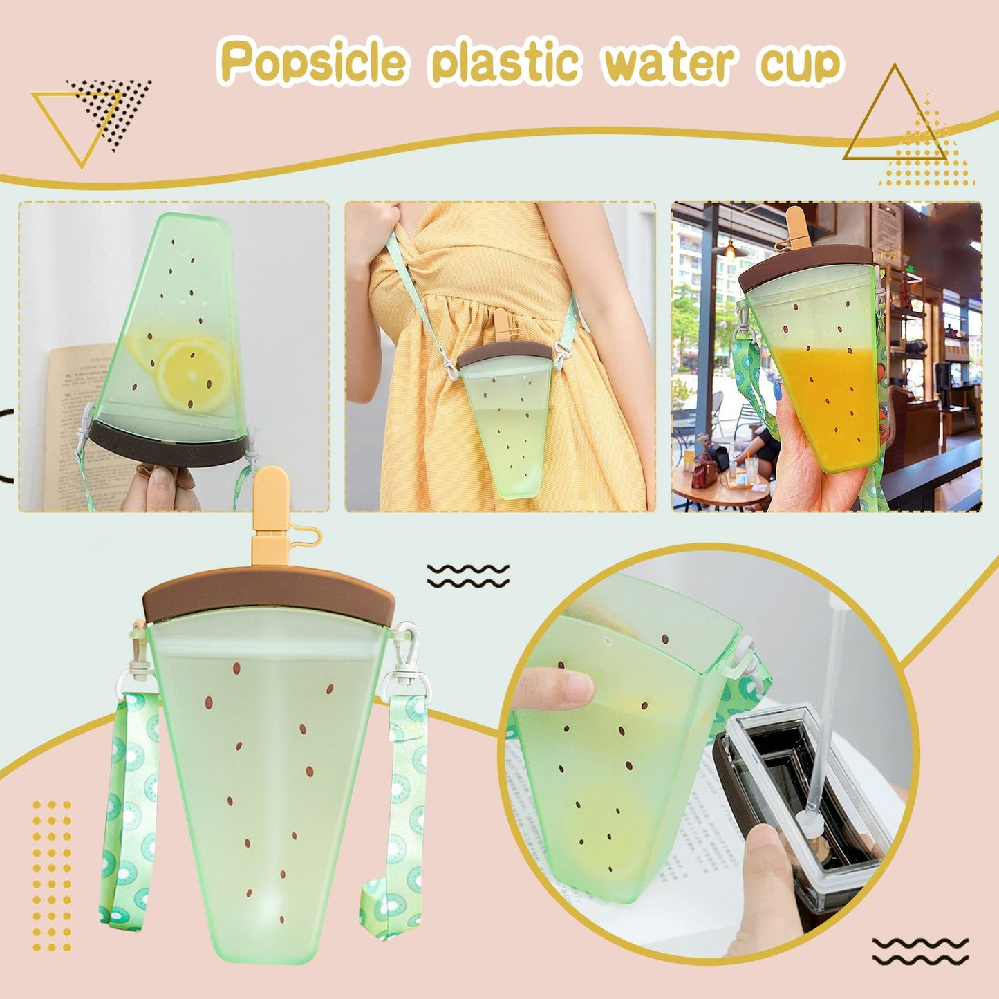 JWDX Glass and Bottle Clearance! Cute Watermelon Straw Water Bottle Ice Cream Popsicle Cup with Shoulder Strap, Kitchen Cups Promotion Include 1Pc Ice Cream Cup Green