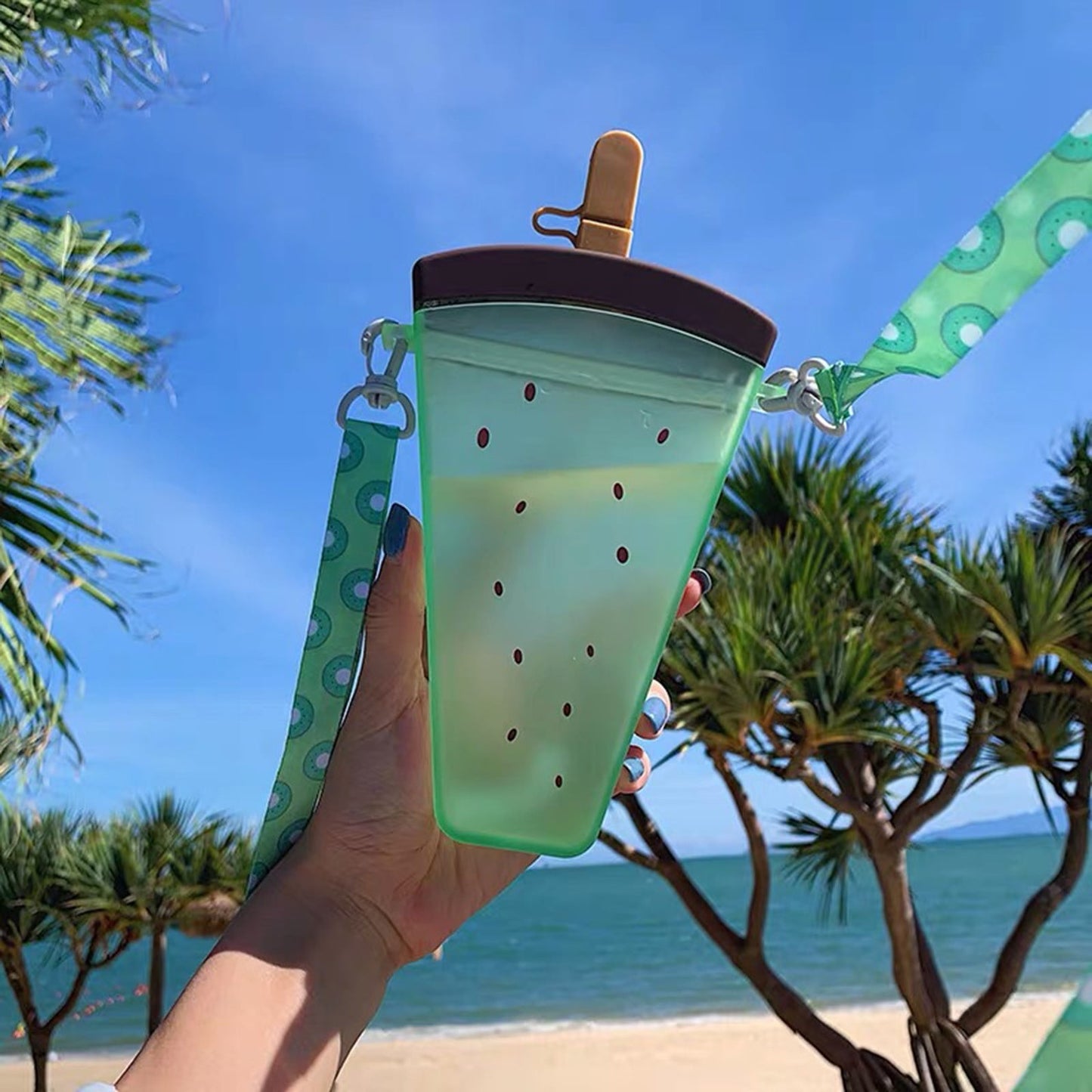 JWDX Glass and Bottle Clearance! Cute Watermelon Straw Water Bottle Ice Cream Popsicle Cup with Shoulder Strap, Kitchen Cups Promotion Include 1Pc Ice Cream Cup Green