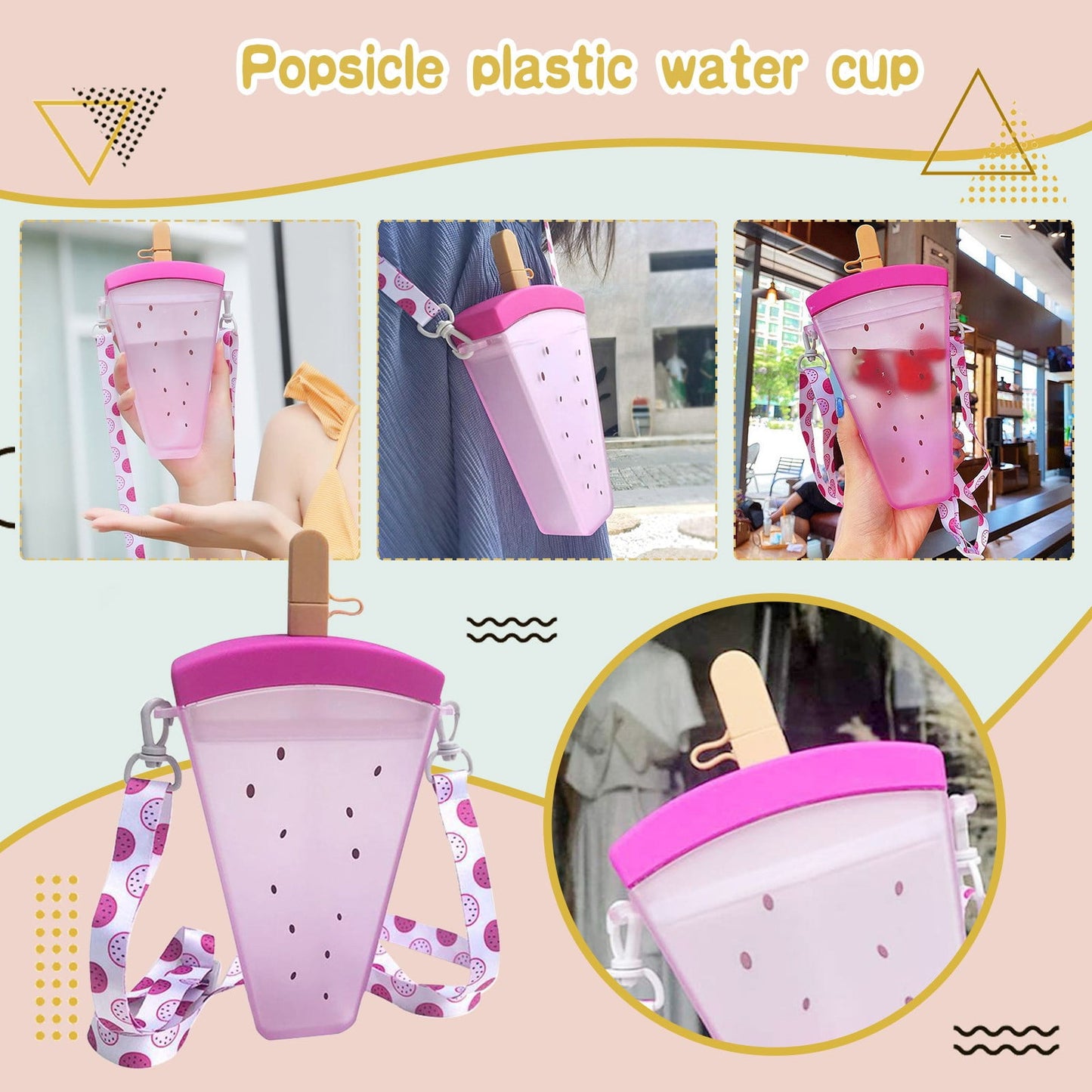 JWDX Glass and Bottle Clearance! Cute Watermelon Straw Water Bottle Ice Cream Popsicle Cup with Shoulder Strap, Kitchen Cups Promotion Include 1Pc Ice Cream Cup Purple