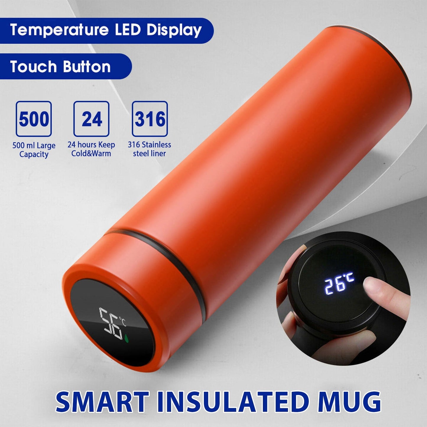 JWDX Glass and Bottle Clearance! Stainless Steel Vacuum Flask Smart Kettle Lcd Screen Display Temperature, Kitchen Cups Promotion Include 1×Thermos Cup Orange