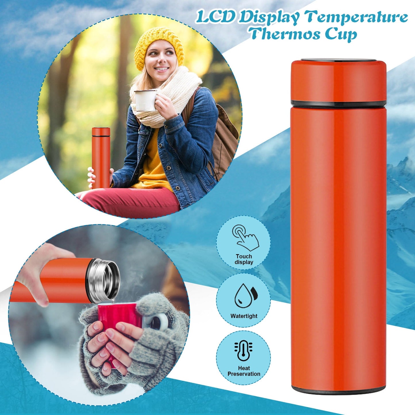 JWDX Glass and Bottle Clearance! Stainless Steel Vacuum Flask Smart Kettle Lcd Screen Display Temperature, Kitchen Cups Promotion Include 1×Thermos Cup Orange