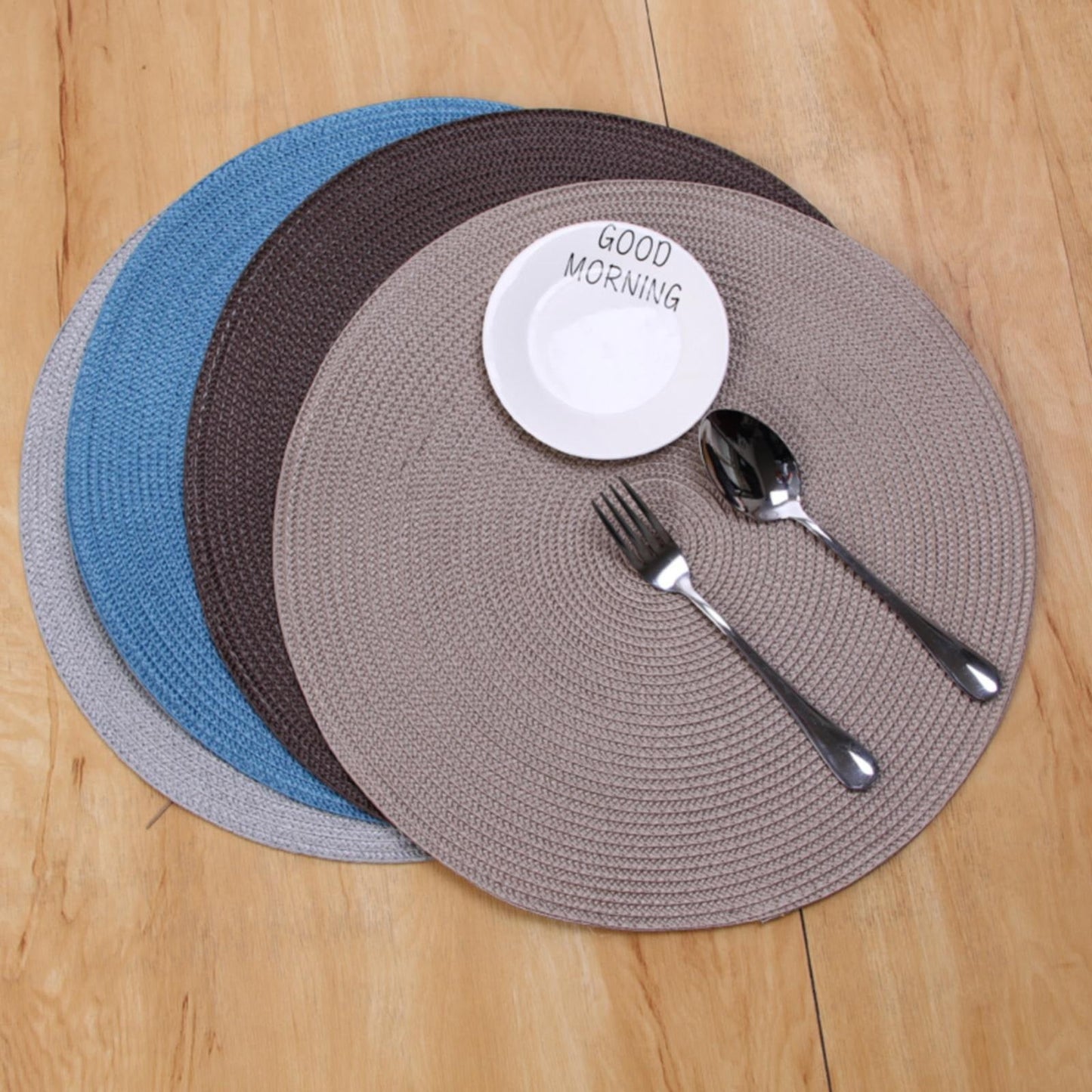 JWDX Placemats, 4 Pieces of Hand-Woven Placemats Insulation Mats Dining Table Anti-Slip Mats Clearance! Woven Spiral Table Placemats 15 Inches Round Set of 4 Non Slip Dining & Kitchen Table Mats Brown