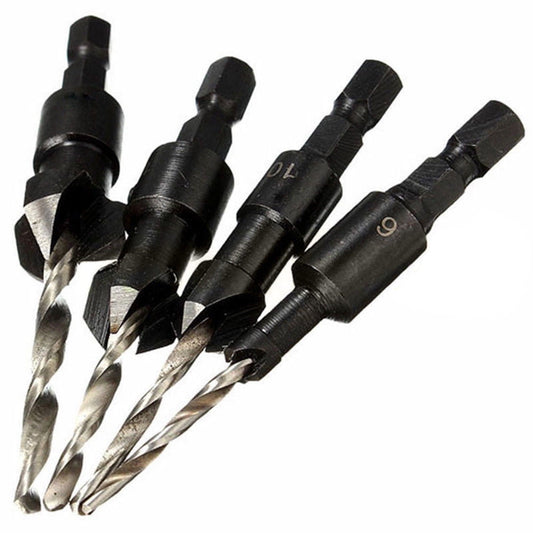 JWDX Drill Bit Clearance! 1/4" Quick Change Hex Shank Countersunk Drill Bit with Wrench 4 Pieces, Shank 1/4 Drill with Hex Quick Inch Countersink 4Pcs Change Bit Tools and Home Improvement Black