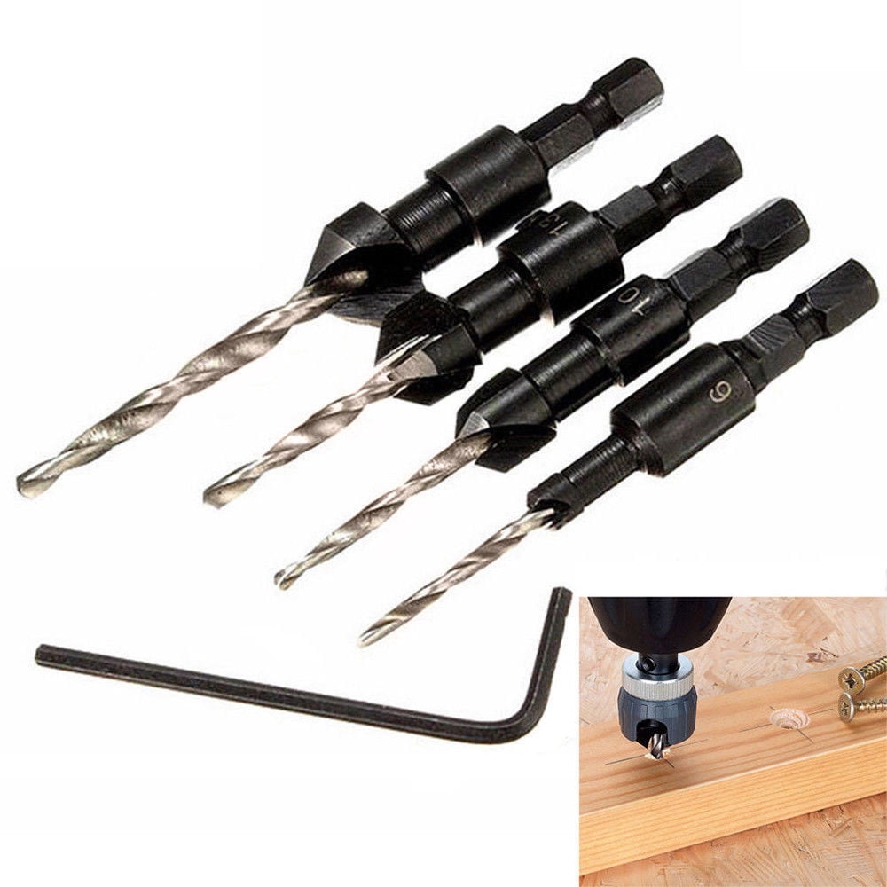 JWDX Drill Bit Clearance! 1/4" Quick Change Hex Shank Countersunk Drill Bit with Wrench 4 Pieces, Shank 1/4 Drill with Hex Quick Inch Countersink 4Pcs Change Bit Tools and Home Improvement Black