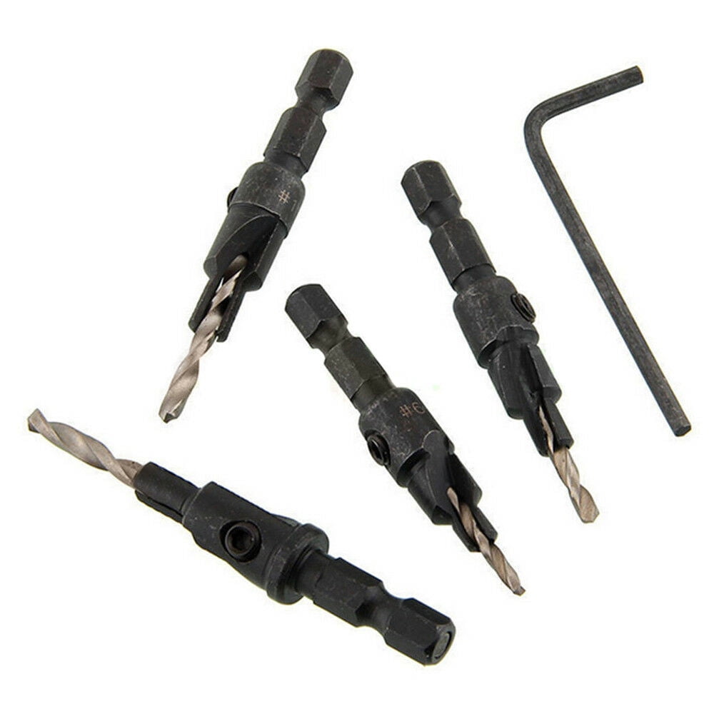 JWDX Drill Bit Clearance! 1/4" Quick Change Hex Shank Countersunk Drill Bit with Wrench 4 Pieces, Shank 1/4 Drill with Hex Quick Inch Countersink 4Pcs Change Bit Tools and Home Improvement Black