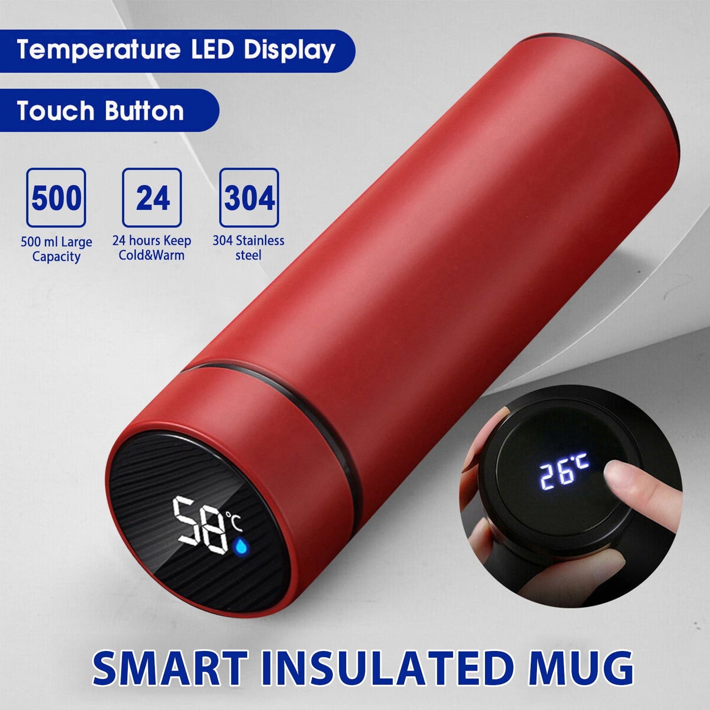 Clearance Back to School Supplies! JWDX Led Smart Touch Screen Temperature Measurement Thermos Cup Boutique Smart Display Series Inner 304 Material + Outer 201 Material 1Pc White Red