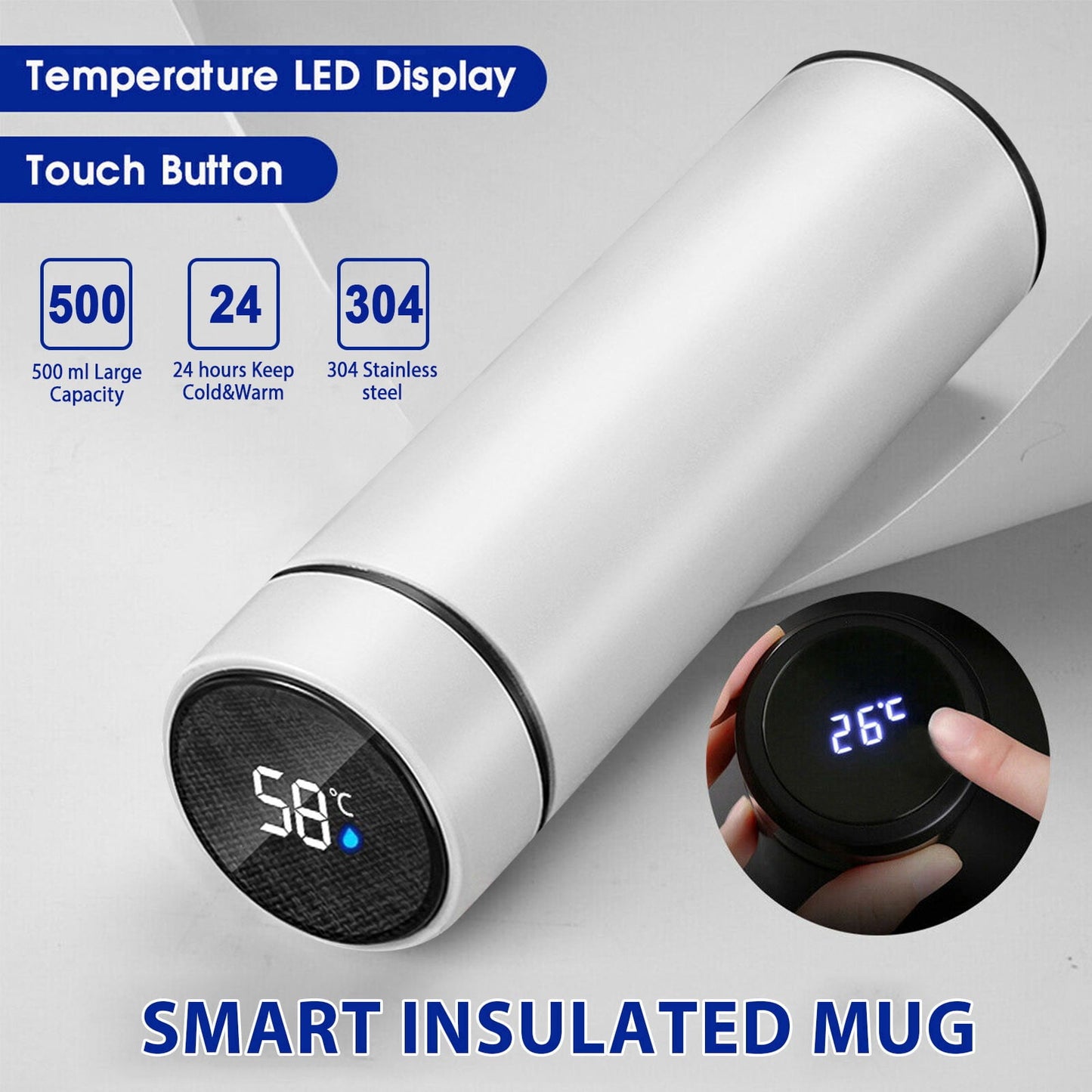 Clearance Back to School Supplies! JWDX Led Smart Touch Screen Temperature Measurement Thermos Cup Boutique Smart Display Series Inner 304 Material + Outer 201 Material 1Pc White
