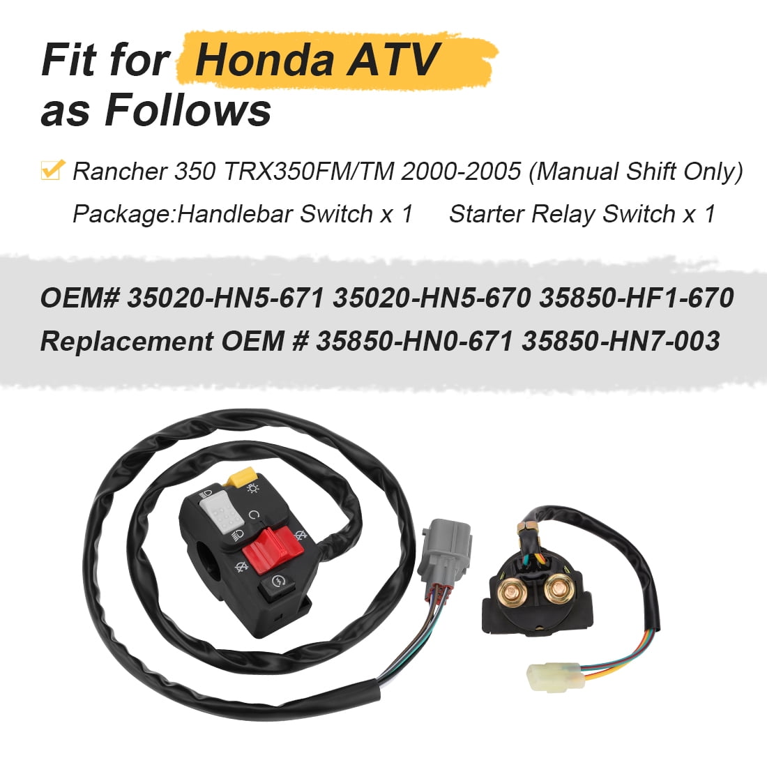 M MATI Handlebar Starter Relay Switch for Honda Rancher 350 TRX350TM TRX350FM 2000-2005 Manual Shift