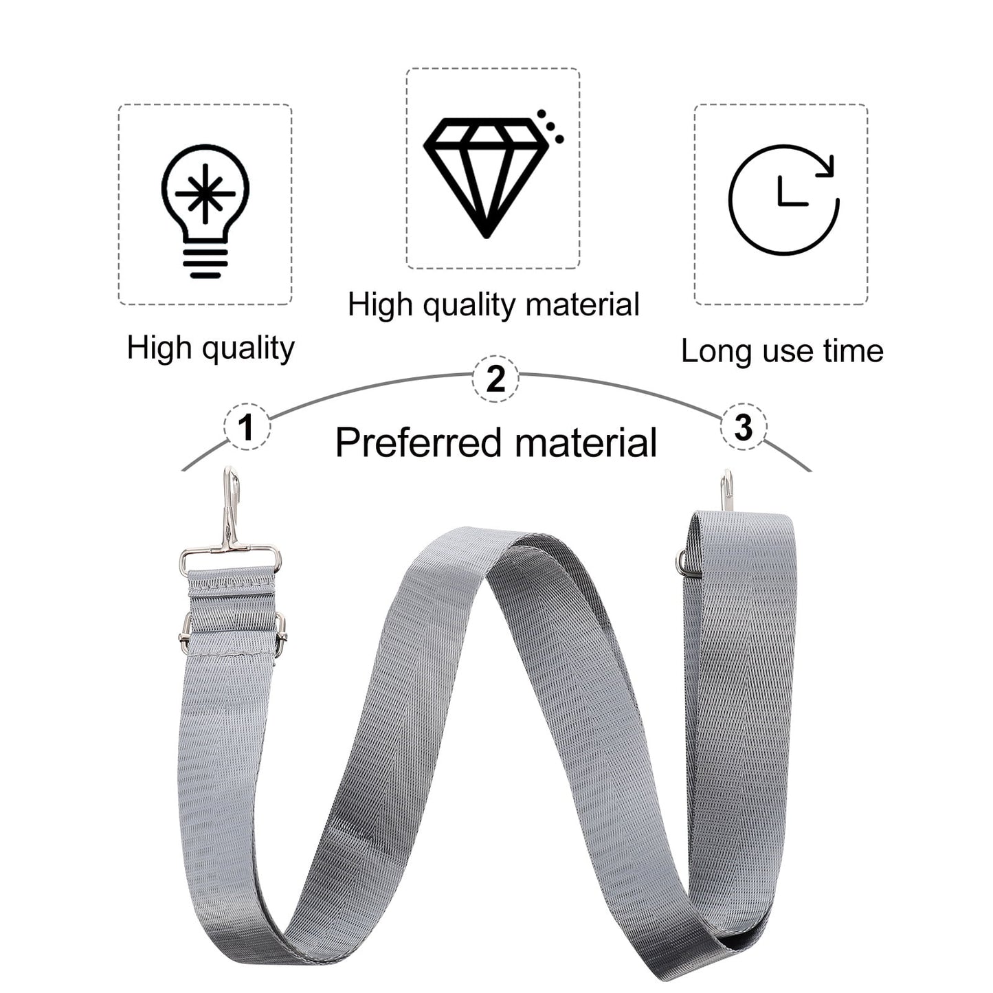 Ortofally Nylon Shoulder Strap, Bag Handbag Purse Replacement Strap, Adjustable Canvas Strap with Metal Hooks for Laptop Briefcase Messenger Bag/ Grey 150X3.8CM Gray