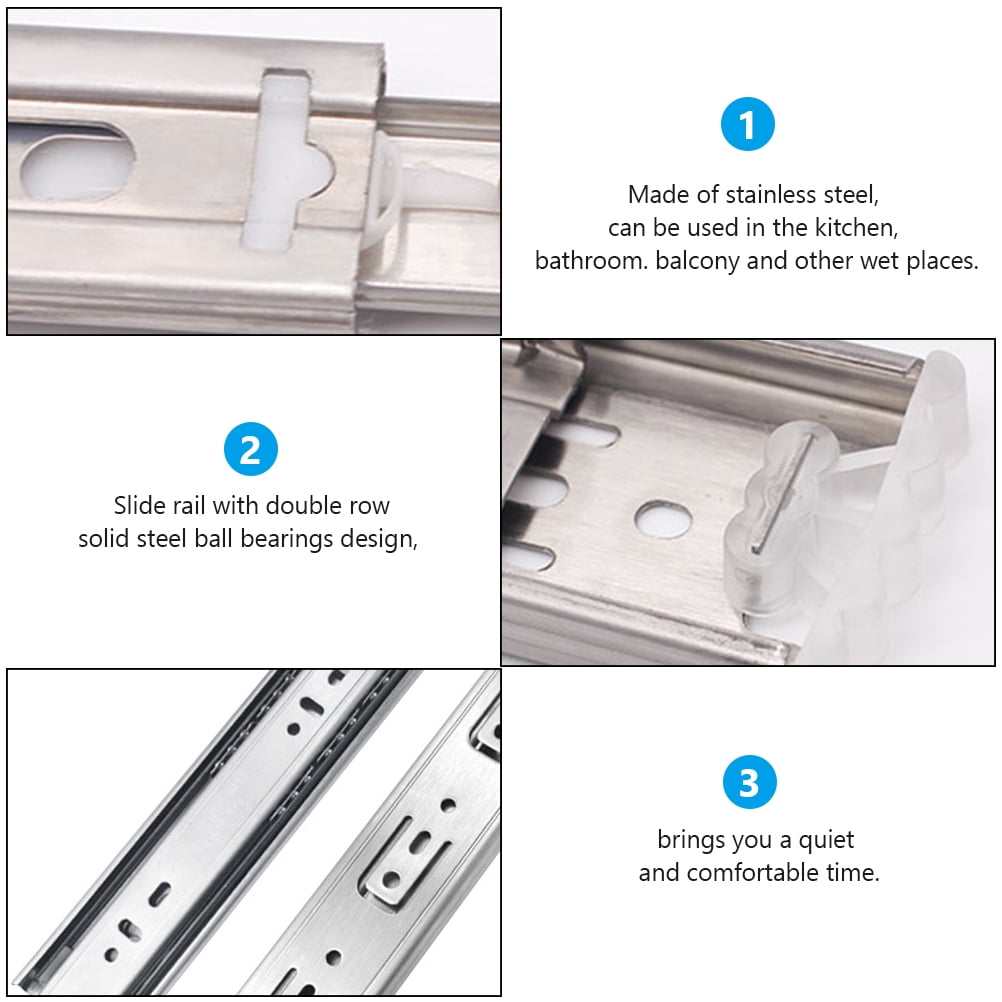 Ortofally 2pcs Three-Section Drawer Slides Stainless Steel Full Extension Ball Bearing 25X4.31CM Silver