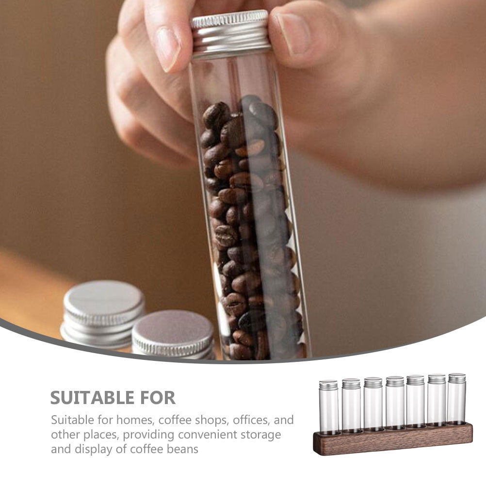 Worgeous Coffee Bean Tube Dispenser with Wood Rack for Home Use Clear Glass Bottles and Sealed Storage 7 Tubes