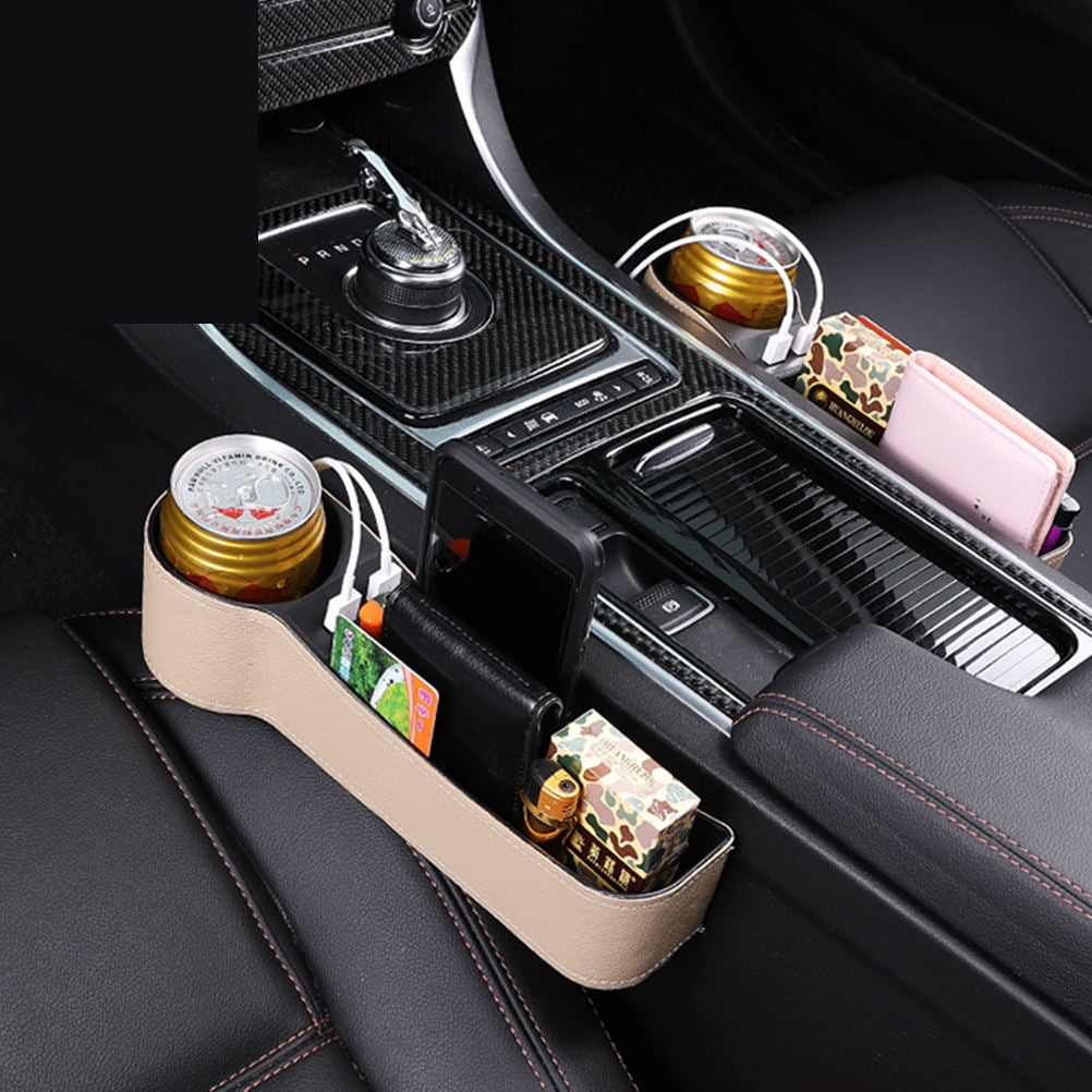 Masteelf Car Seat Gap Storage Box 1Set Beige Leather with Car Seat Slide Filler for Drivers