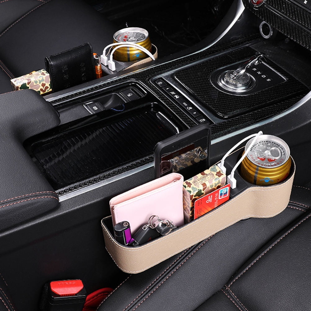 Masteelf Car Seat Gap Storage Box 1Set Beige Leather with Car Seat Slide Filler for Drivers