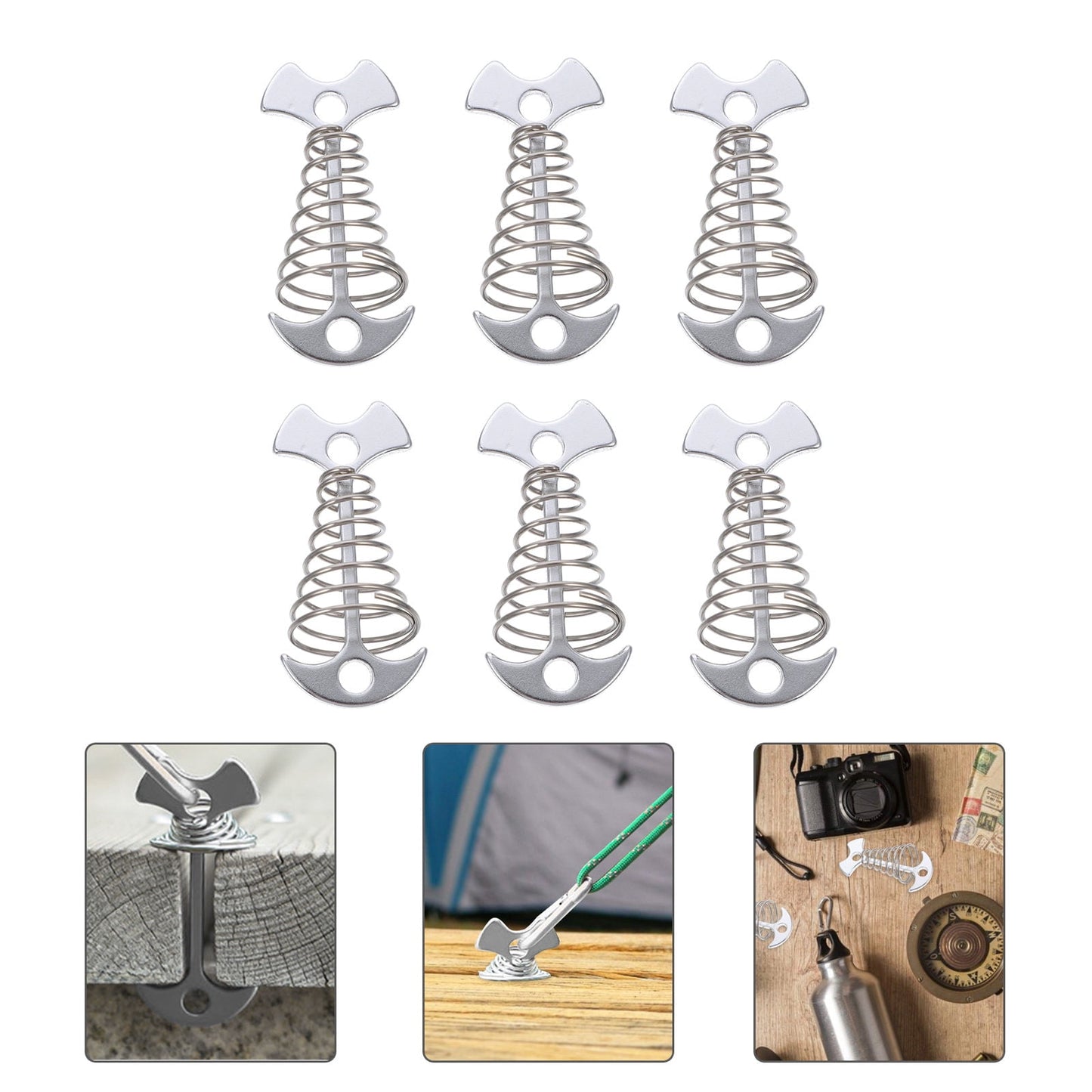 SWETRACE 6Pcs Stainless Steel Fishbone Tent Pegs for Outdoor Camping with Tent Rope Buckle 3.1x1.6x1.2in