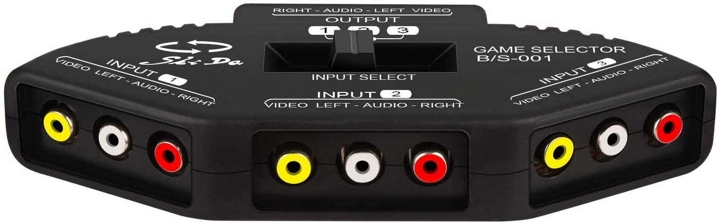 3 Way Port RCA Audio and Video Composite AV Switcher Selector Distribution Switch Box (3 Input 1 Output) for Wii, Xbox, DVD, PS2, Cable Box