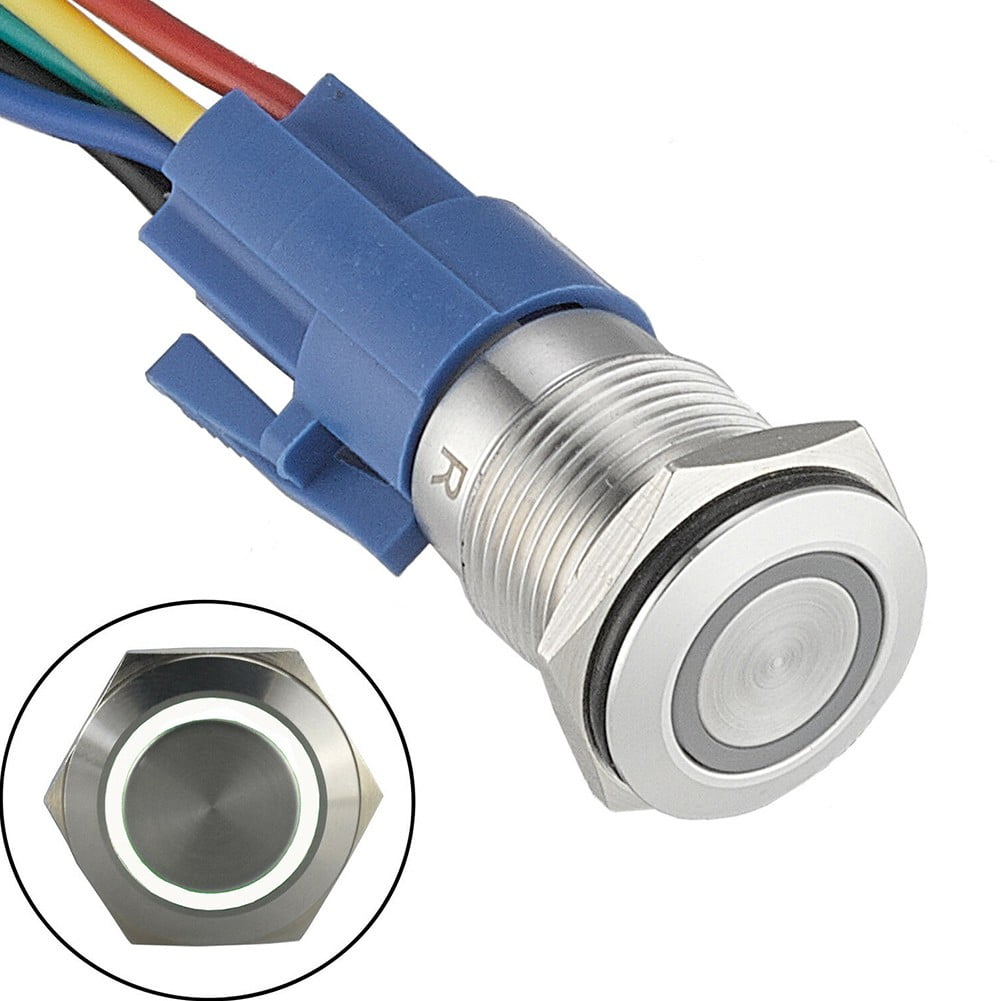 19Mm Latching Push Button Switch 12V Dc On Off Stainless Steel Led Self-Locking Green White