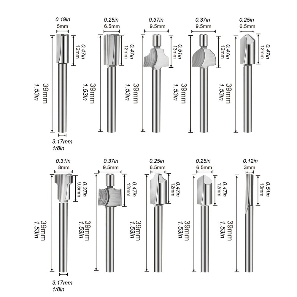10Pcs Hss Router Bits Wood Cutter Milling Fits Dremel-Rotary Tool Set 1/8" 3Mm Shank Carpentry Router Bits For Rotary Tools Diy A Smile Home