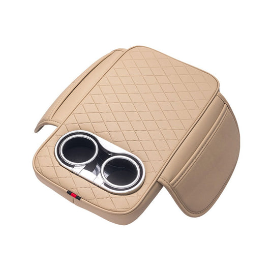 Car Armrest Cushion With 2 Cup Holder And Side Pocket Pu Leather Beige