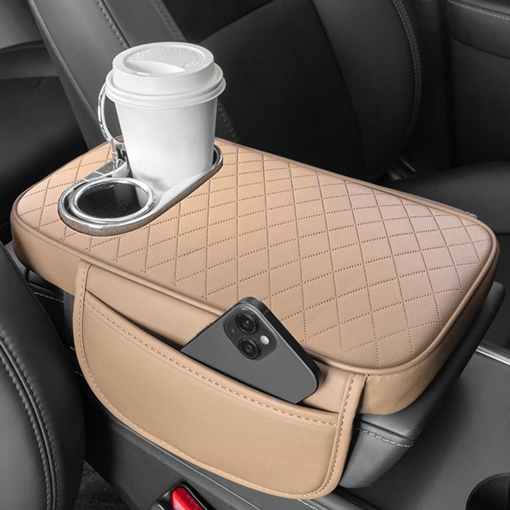 Car Armrest Cushion With 2 Cup Holder And Side Pocket Pu Leather Beige