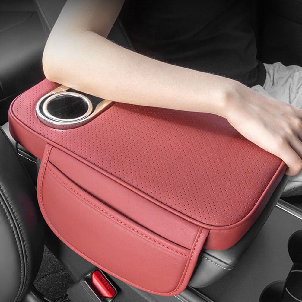 Car Armrest Cushion With 2 Cup Holder And Side Pocket Pu Leather Beige