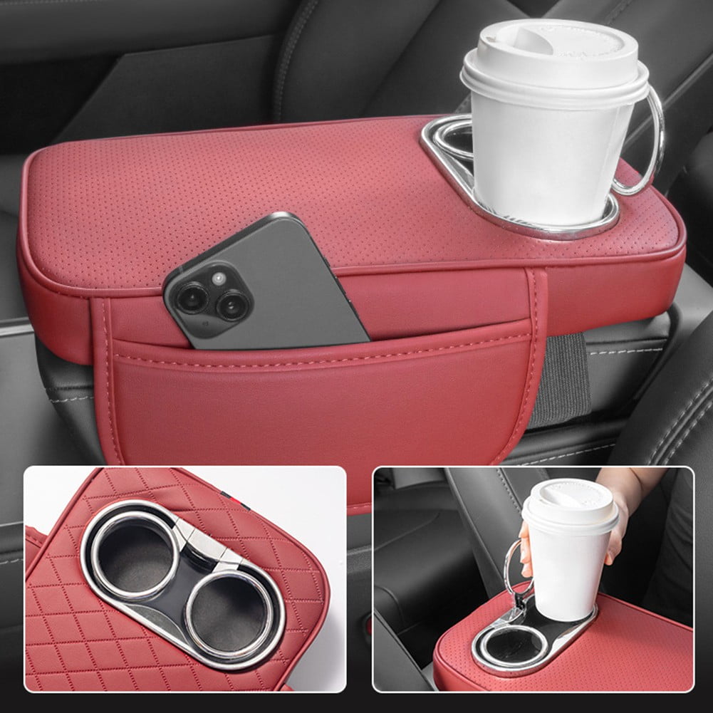 Car Armrest Cushion With 2 Cup Holder And Side Pocket Pu Leather Beige