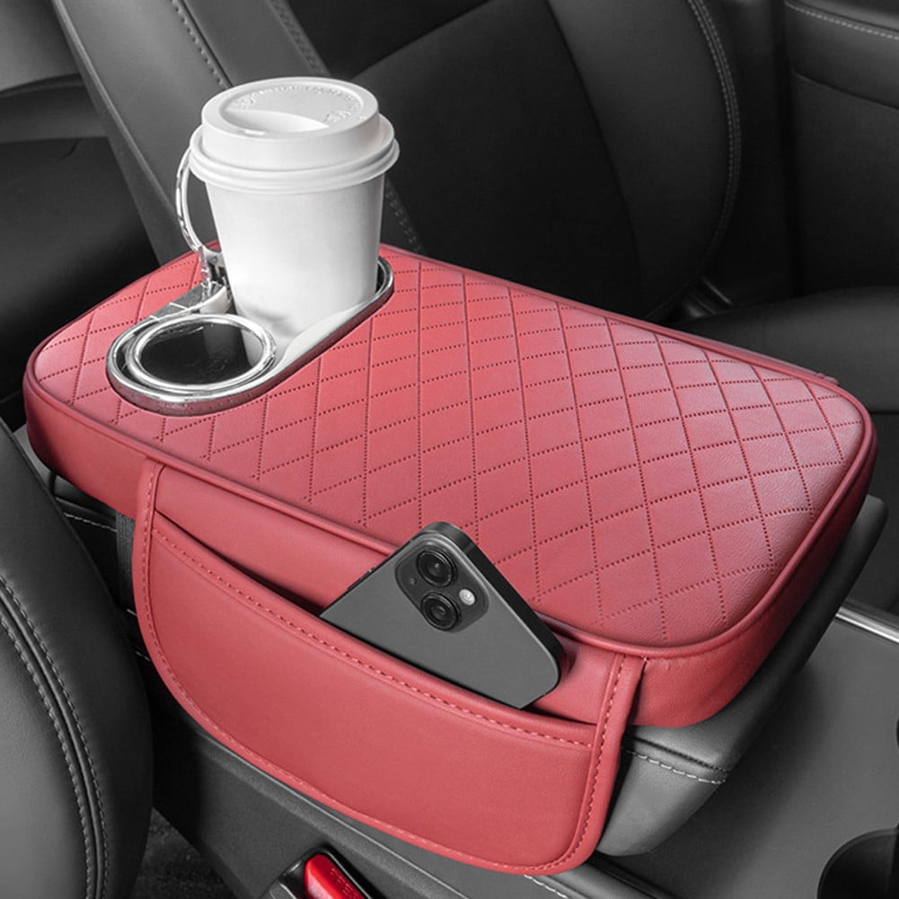Car Armrest Cushion With 2 Cup Holder And Side Pocket Pu Leather Beige