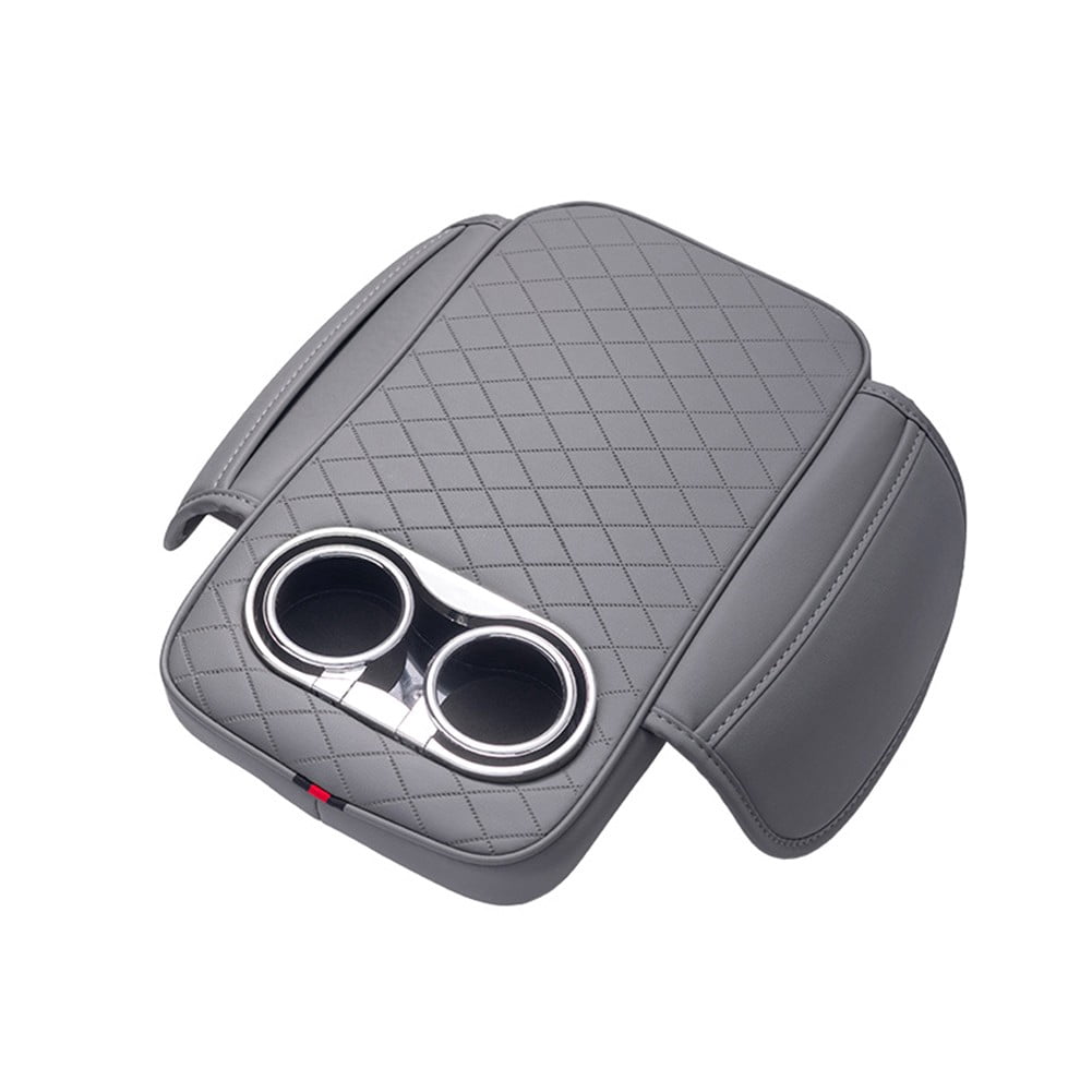 Car Armrest Cushion With 2 Cup Holder And Side Pocket Pu Leather Beige