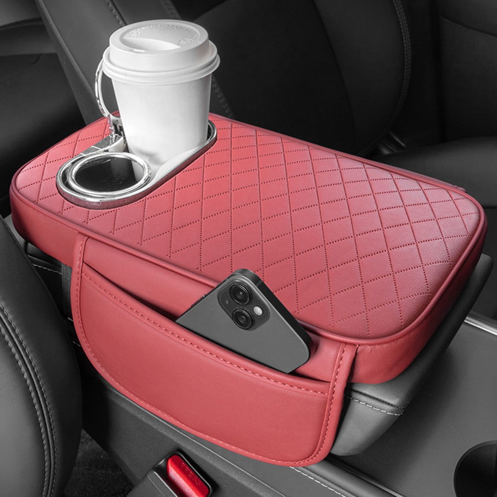 Car Armrest Cushion With 2 Cup Holder And Side Pocket Pu Leather Beige
