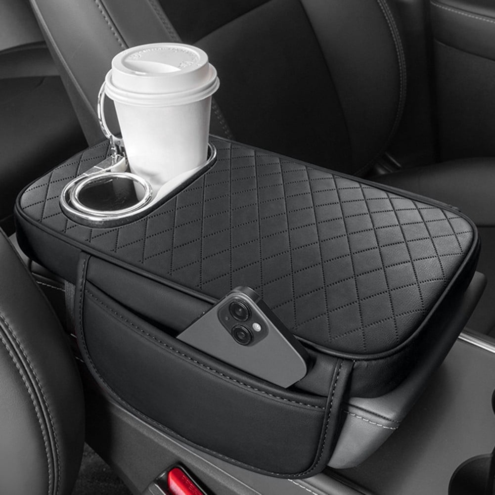 Car Armrest Cushion With 2 Cup Holder And Side Pocket Pu Leather Beige
