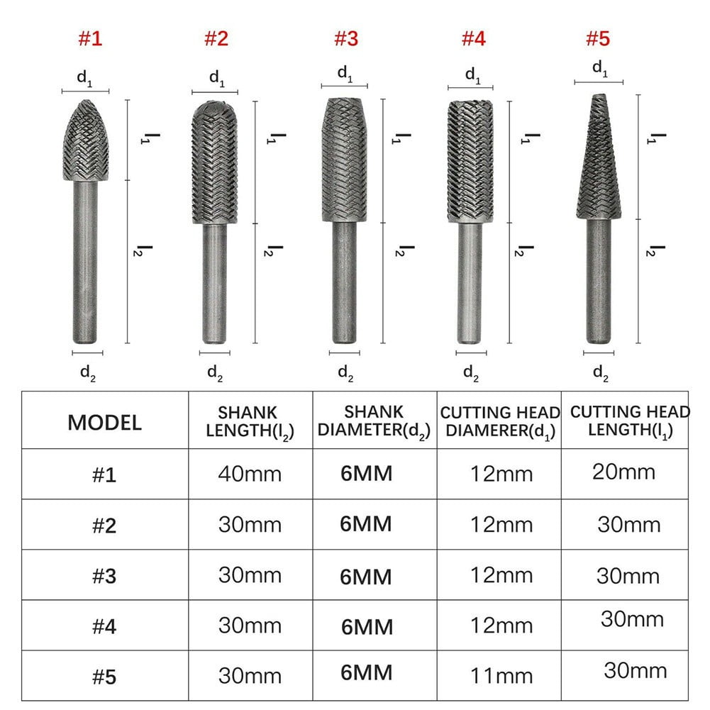 5Pcs Metal Cutter Drill Bits Rotary Files Bit Rasp Tungsten Carbide Burr Milling Cutter Drill Bit Set For Steel Grinding Carving As Shown