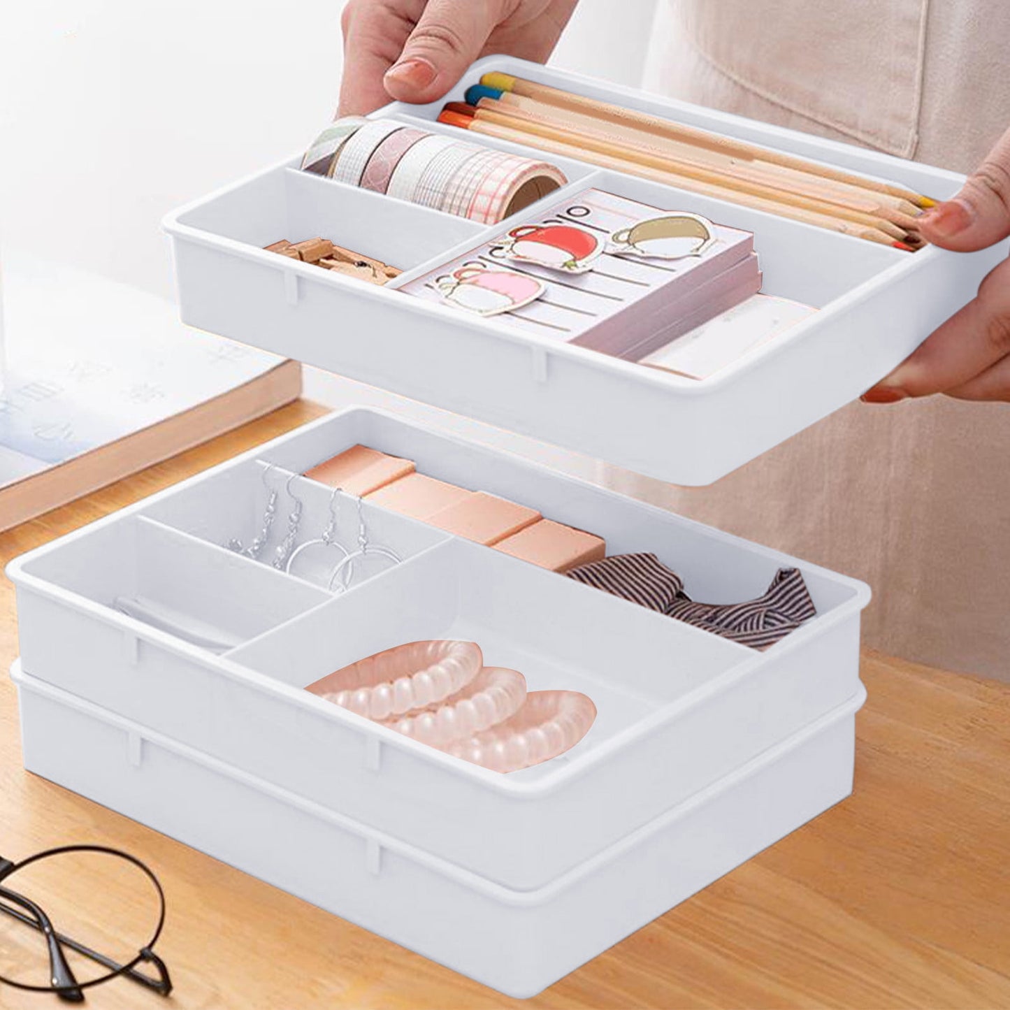 Four Grid Storage Box Plastic Drawer Dividers Flatware Tray Pen Holder Tray Plastic Tray Makeup Tray Plastic Drawers Makeup Vanity Organizer Small Item Pp Office Storage Tray White