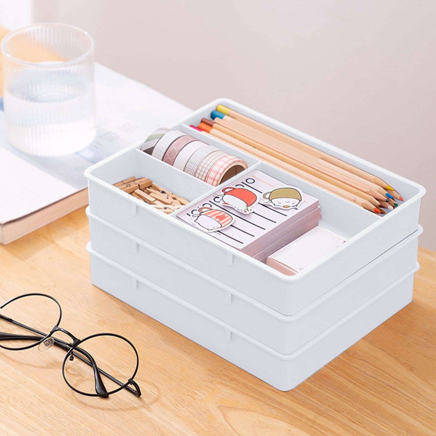 Four Grid Storage Box Plastic Drawer Dividers Flatware Tray Pen Holder Tray Plastic Tray Makeup Tray Plastic Drawers Makeup Vanity Organizer Small Item Pp Office Storage Tray White