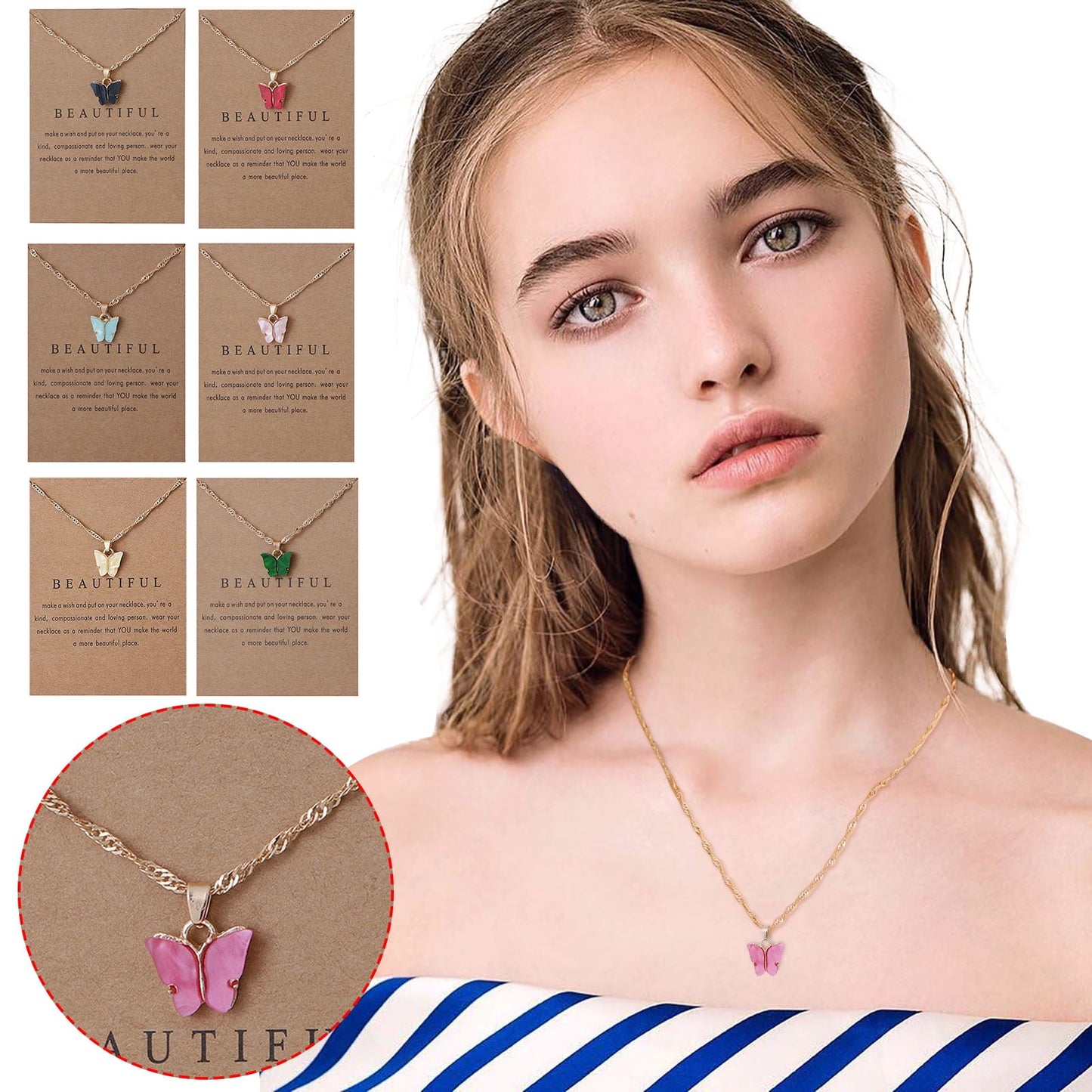 Colorful Acrylic Butterfly Pendant Necklace Bohemian Adjustable Retro Card Clavicle Chain Insect Animal Necklace for Women Friend Friendship Party Jewelry Gift Black