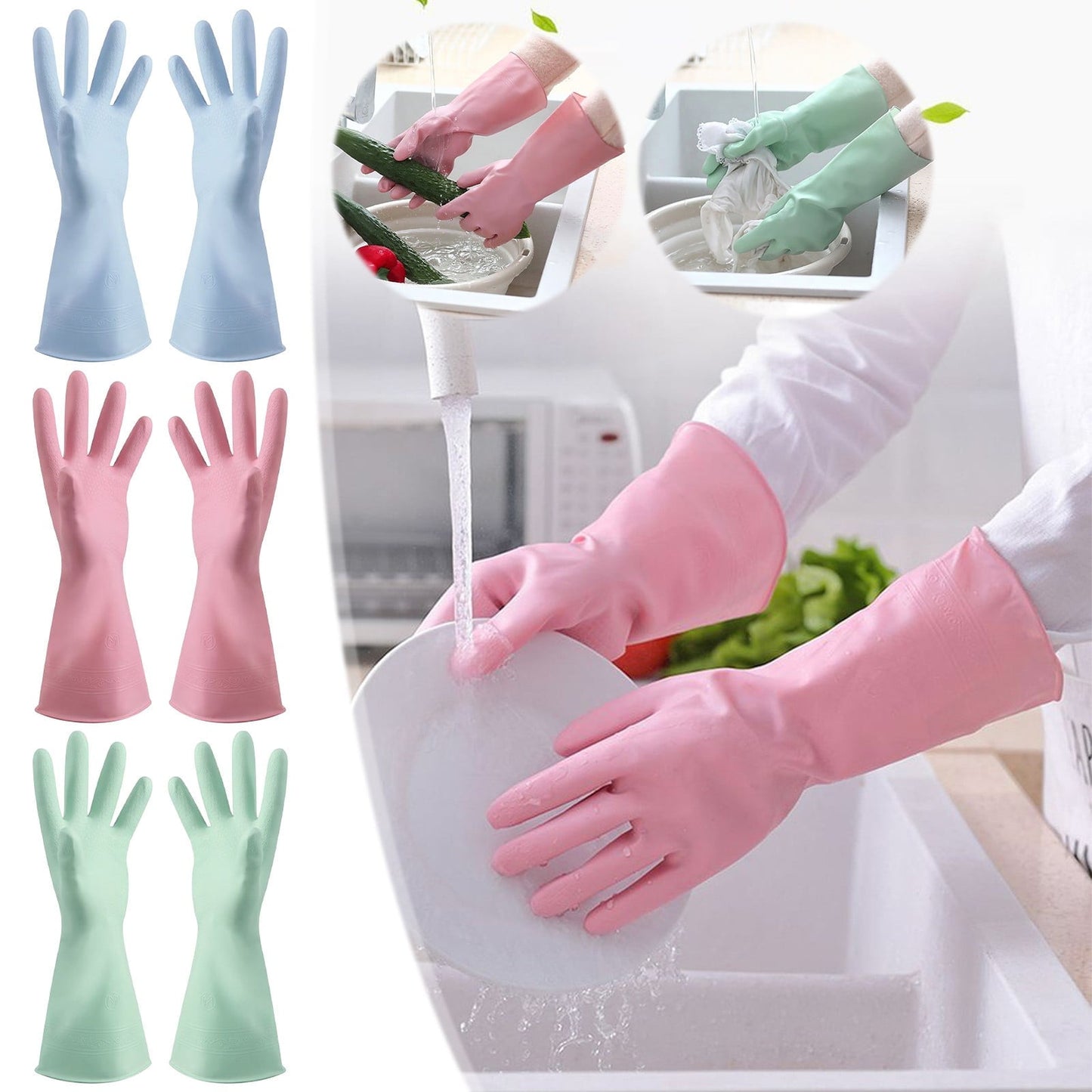 1 Pairs Rubber Gloves for Dishwashing Cleaning, Cotton Lined Household Gloves, Waterproof Gloves for Kitchen Bathroom, Reusable Gloves, Food Grade Non-Slip Household Kitchen Gloves Light blue,S