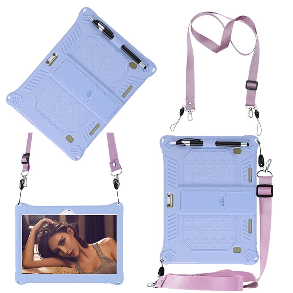 10,10.1 inch Silicone Tablet Case with Stylus Pen & Shoulder Strap, Universal Shockproof Silicone Cover Case,Soft Portable Protective Cover for Android Tablet PC Purple