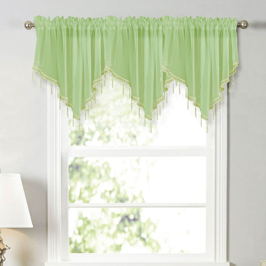 Sheer Beaded Semi Voile Solid Vintage Valances Rod Pocket Curtains for Window Garden Bedroom Kitchen Cafe Farmhouse,Floral Sheer Lace Shade Window Curtain With Scalloped Edges For Easy Hanging Green