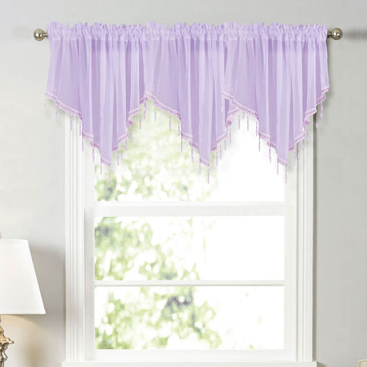 Sheer Beaded Semi Voile Solid Vintage Valances Rod Pocket Curtains for Window Garden Bedroom Kitchen Cafe Farmhouse,Floral Sheer Lace Shade Window Curtain With Scalloped Edges For Easy Hanging Multicolor