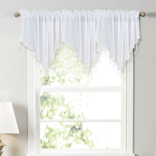 Sheer Beaded Semi Voile Solid Vintage Valances Rod Pocket Curtains for Window Garden Bedroom Kitchen Cafe Farmhouse,Floral Sheer Lace Shade Window Curtain With Scalloped Edges For Easy Hanging White