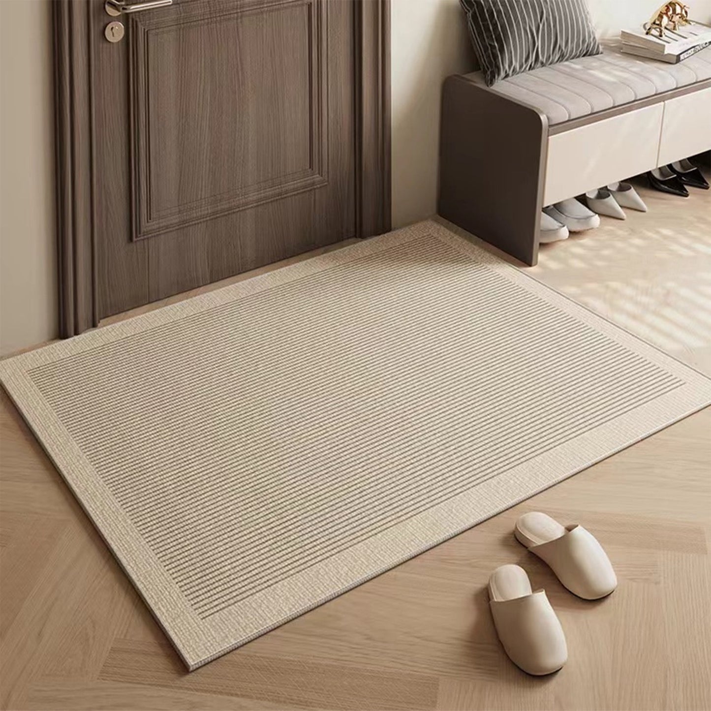 Ultra Thin Door Mat Indoor Enrance,Thin Door Mats for Inside Entry,Non-Slip Rubber Backing Entryway Rug,Absorbent Washable Floor mats for Bathroom,Striped Carpet Bedroom Carpet 23.6x15.7in Beige