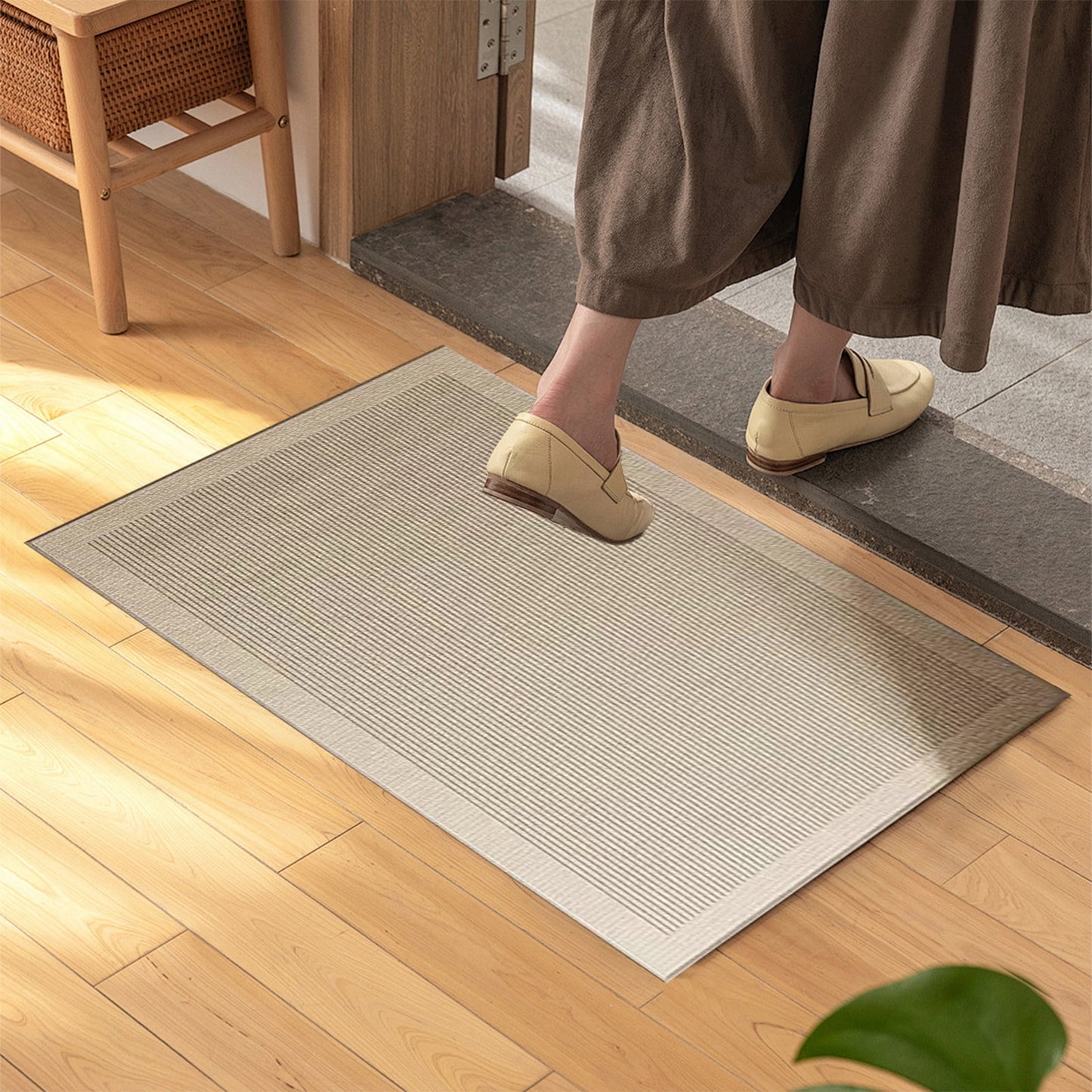Ultra Thin Door Mat Indoor Enrance,Thin Door Mats for Inside Entry,Non-Slip Rubber Backing Entryway Rug,Absorbent Washable Floor mats for Bathroom,Striped Carpet Bedroom Carpet 23.6x15.7in Beige