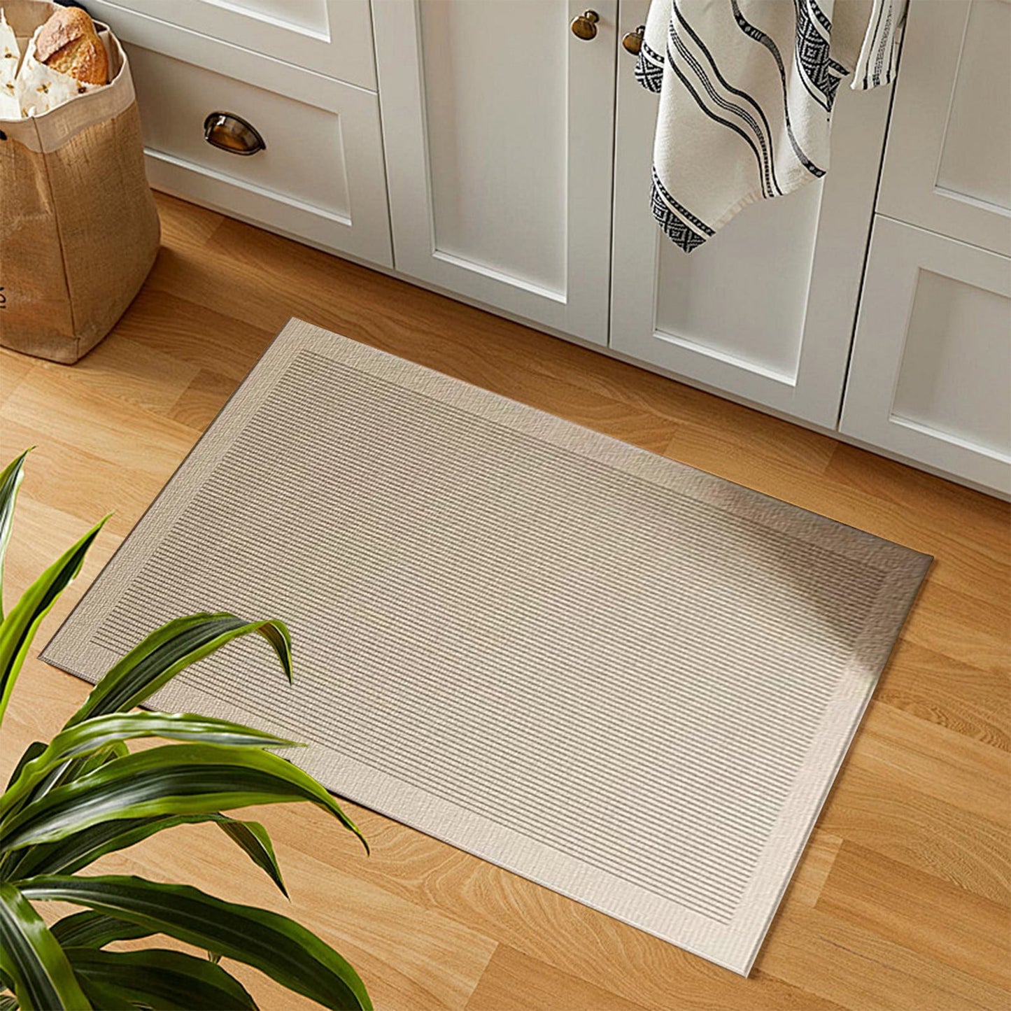 Ultra Thin Door Mat Indoor Enrance,Thin Door Mats for Inside Entry,Non-Slip Rubber Backing Entryway Rug,Absorbent Washable Floor mats for Bathroom,Striped Carpet Bedroom Carpet 23.6x15.7in Beige