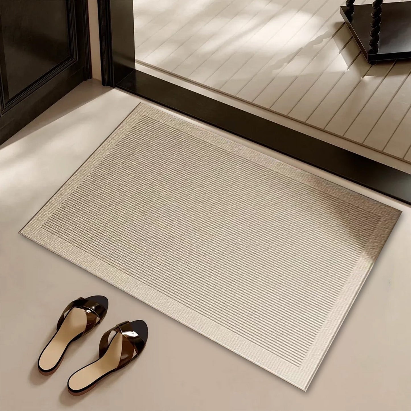 Ultra Thin Door Mat Indoor Enrance,Thin Door Mats for Inside Entry,Non-Slip Rubber Backing Entryway Rug,Absorbent Washable Floor mats for Bathroom,Striped Carpet Bedroom Carpet 23.6x15.7in Beige