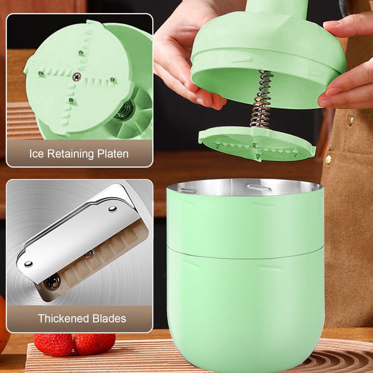 Manual Ice Crusher - Hand-Cranked Shaving Machine for Household & Commercial Use - Stainless Steel Blades, 10.04x5.04x5.04in - White, Green, Silver - for Summer Drinks & Slushies, Includes Ice Box Green