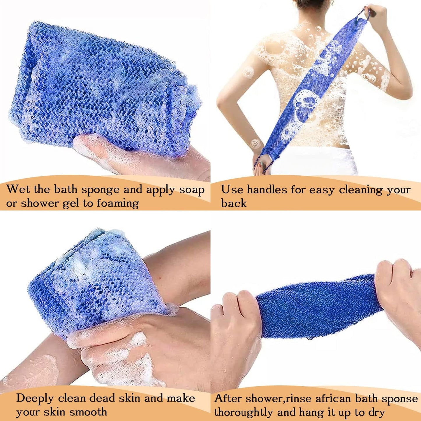 3 Pieces African Net Sponge with Handles Long African Exfoliating Net Washcloth Bath Sponge Net Cloth Wash Net Body Back Scrubber for Shower Loofah, 31.5x5.9 31.5" x 5.9" Blue*1 Brown*1 ruple*1