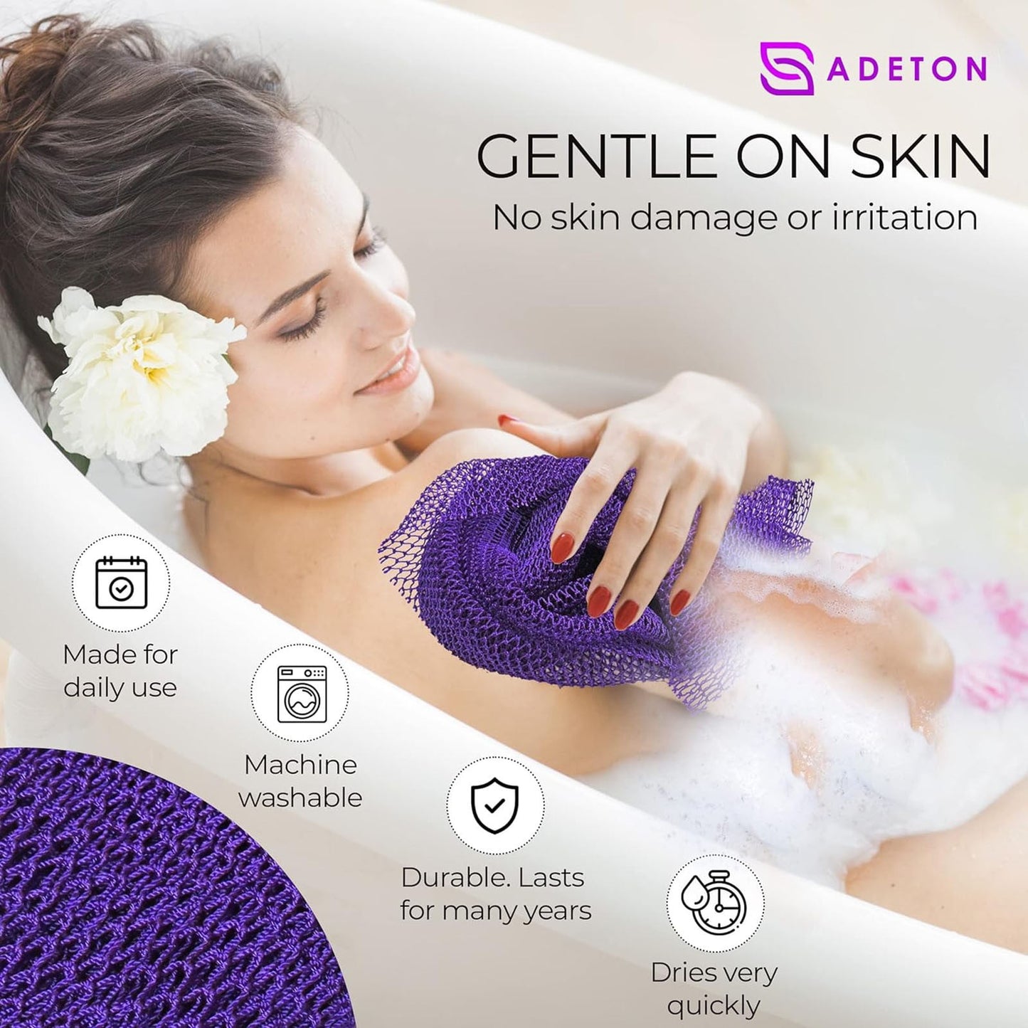 African Net Sponge, Authentic, Real, Exfoliating Bath Wash Cloth, Long Sponge, Body Exfoliator, Sapo, Shower Bath Accessories, Back Foot Scalp Scrub, Flat Dead Skin Remover, 31.5x11.8 31.5" x 11.8" Purple