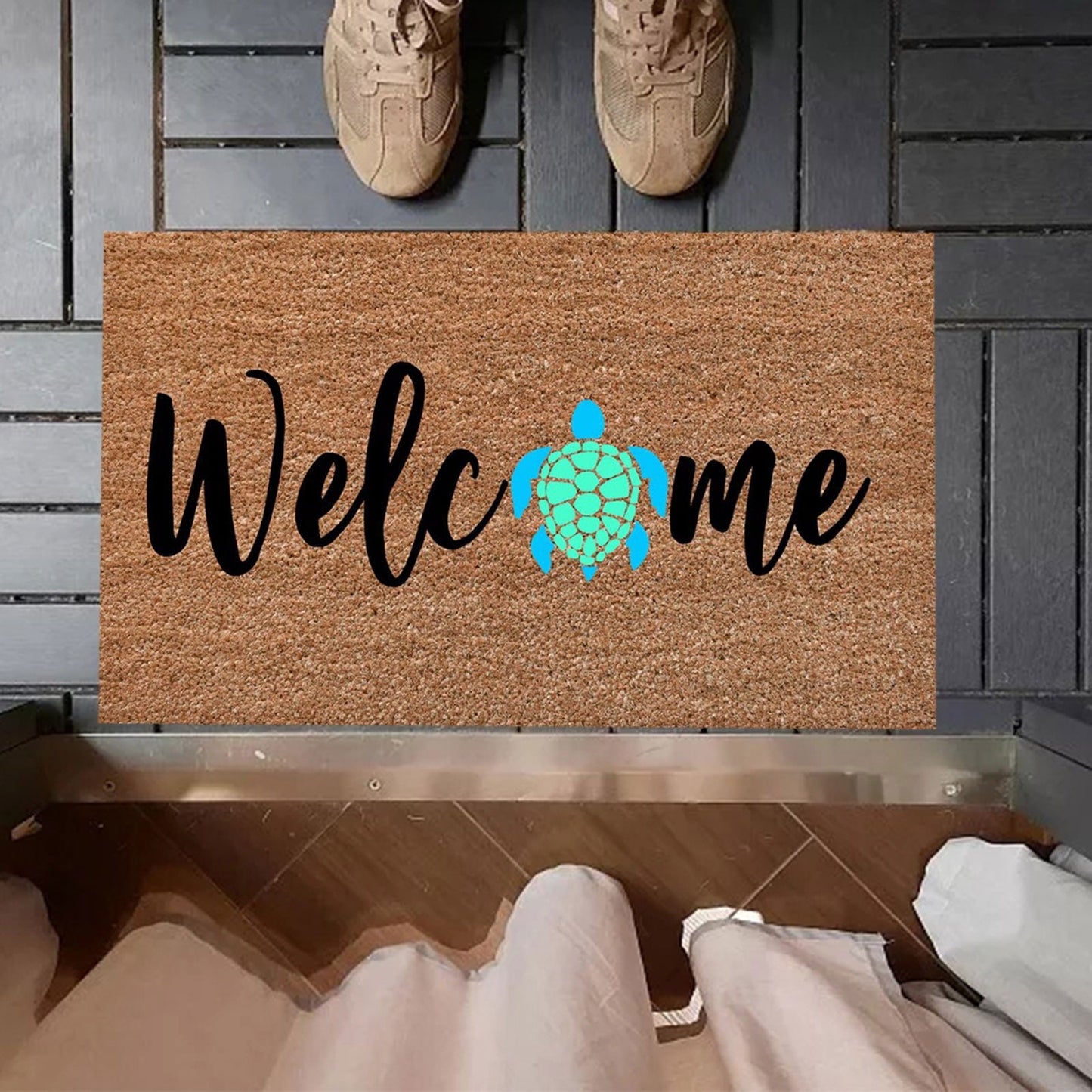 Welcome Turtle Doormat, Natural Heavy Duty Backing Doormat - Large Cute Non-Slip Front Door Welcome Mat for Outside Entrance or Porch Entry, 23.62x15.75 23.62" x 15.75" Khaki