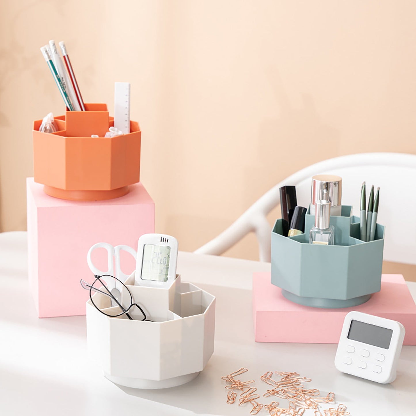 Large Capacity Rotating Pen Holder, Desktop Organizer for Office Supplies, Cosmetics Brushes, 5-Slot Plastic Storage Basket for Desk, Dorm, Kitchen Counter White 5.51x5.51x4.52' 5.51" x 5.51" x 4.52" Orange